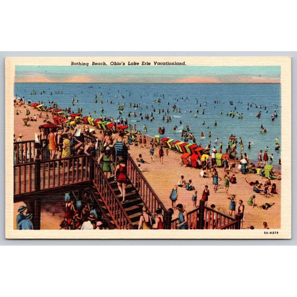 1935 Bathing Beach Ohio Lake Erie Vacationland Vintage Curt Teich Linen Postcard